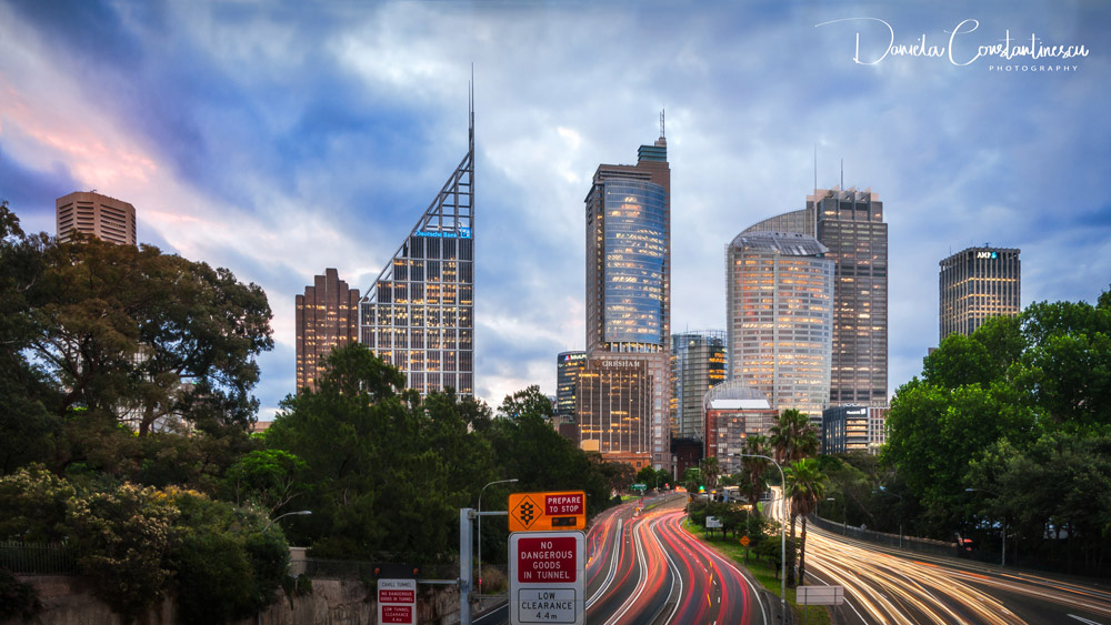 First lights in the City of Sydney at dusk