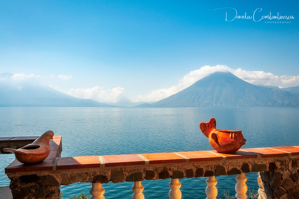 Amusing ceramic figures on a terrace overlooking lake Atitlan