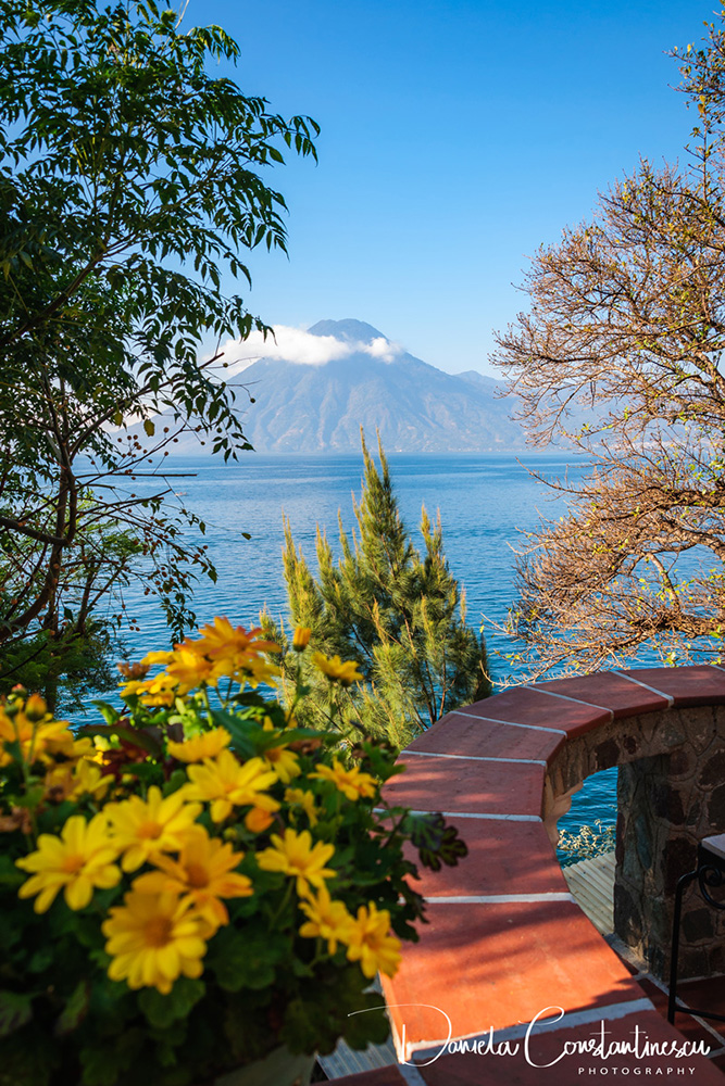 San Pedro Volcano view from a charming terrace on the shore of Lake Atitlan